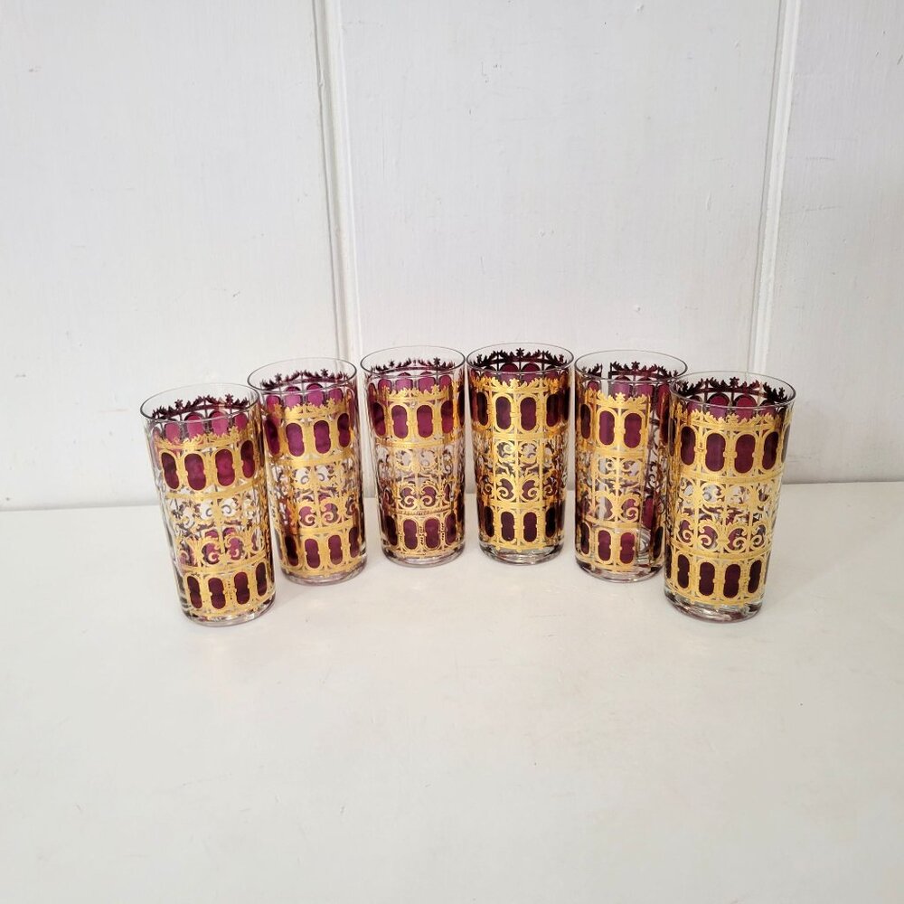 Culver MCM Azure Gold and Cranberry Collins Glasses Set of Six Plus Extra - Picture 9 of 10
